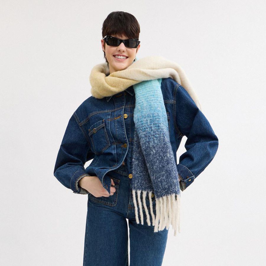 Bufanda COACH Ombre Muffler With Leather Patch Mujer Azules | OIV-189726