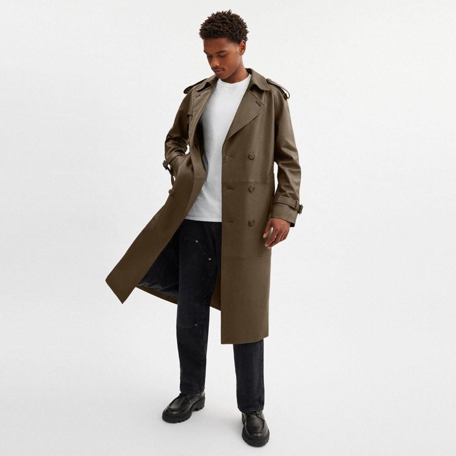 Campera COACH Leather Trench Coat Hombre Verde Oliva | SWD-985072