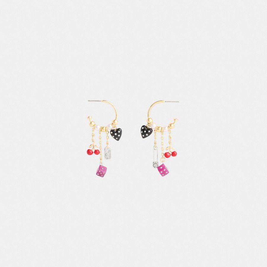 Joyería COACH Heart And Dice Charm Hoop Earrings Mujer Doradas | VGH-405368