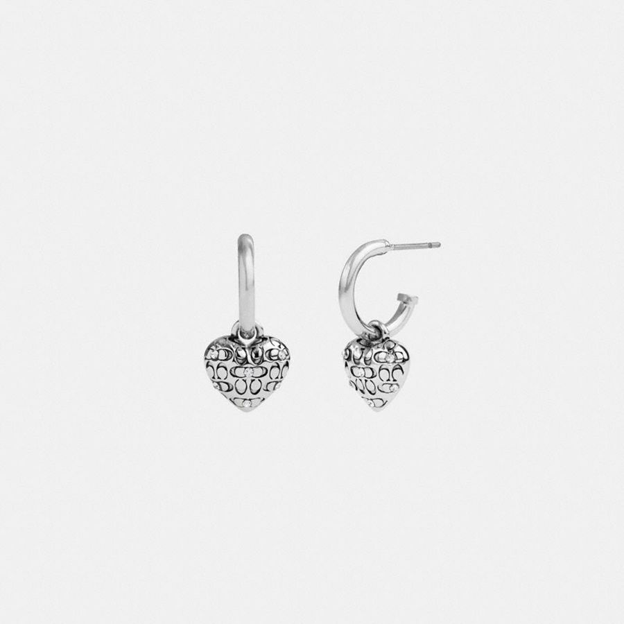Joyería COACH Quilted Signature Heart Huggie Earrings Mujer Plateadas | VBF-862315
