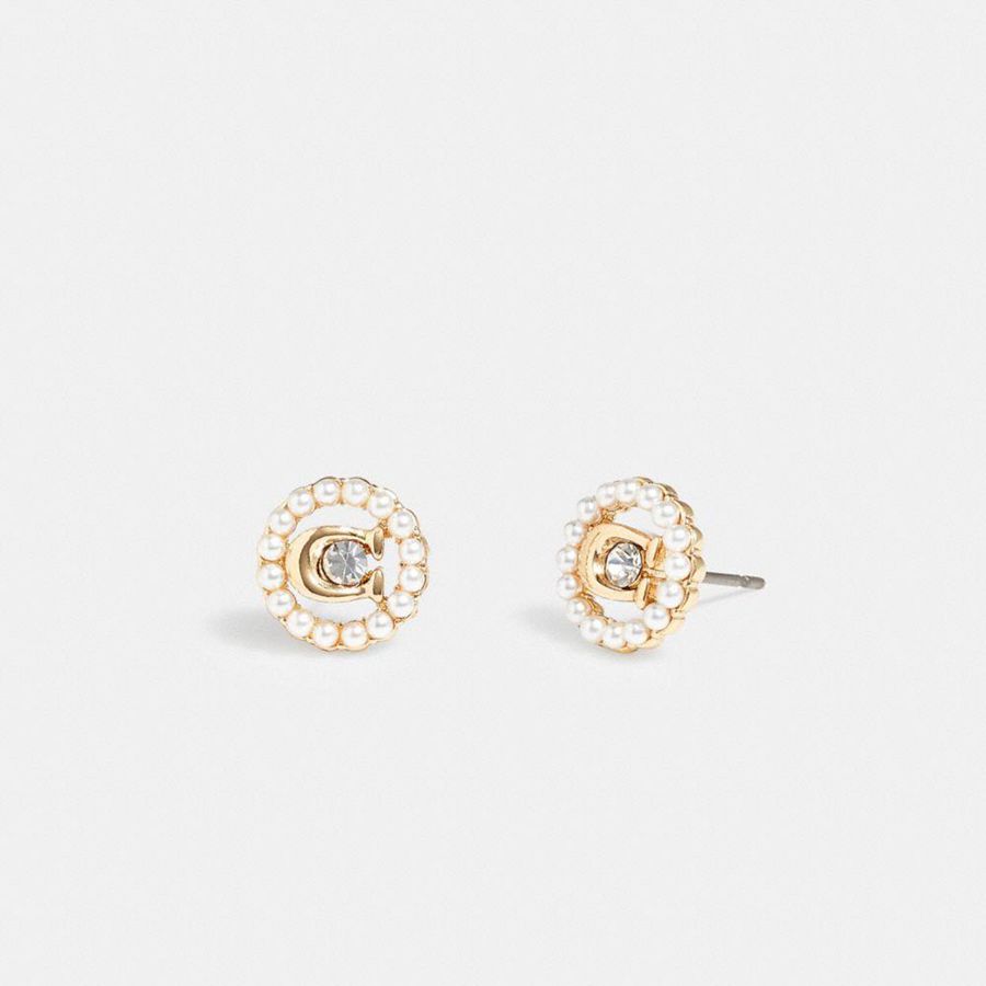 Joyería COACH Signature Crystal Pearl Stud Earrings Mujer Doradas | BQC-748206