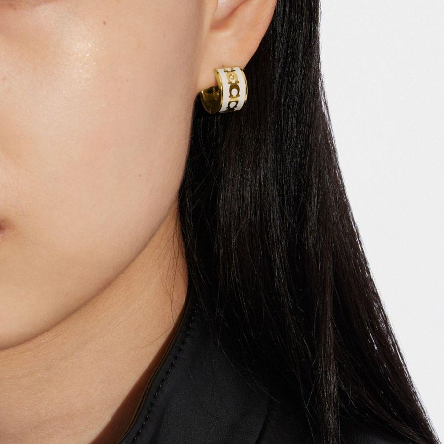 Joyería COACH Signature Enamel Hoop Earrings Mujer Doradas | SRD-702638