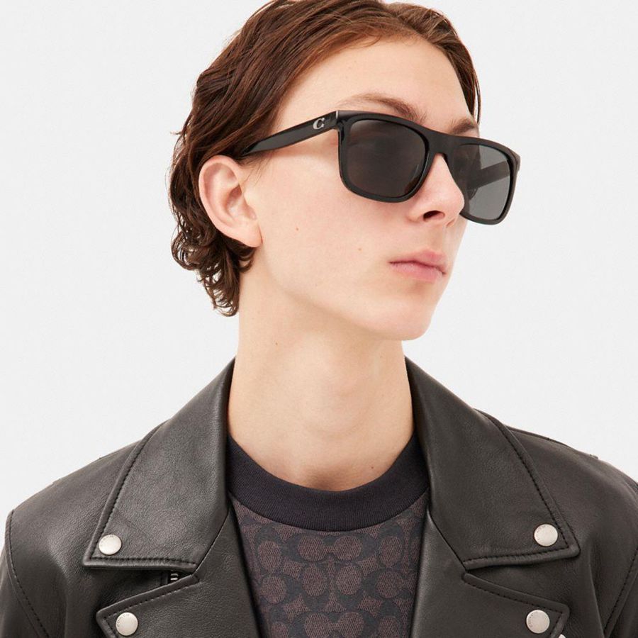 Lentes de Sol COACH Beveled Signature Flat Top Square Hombre Negras | YRB-362910